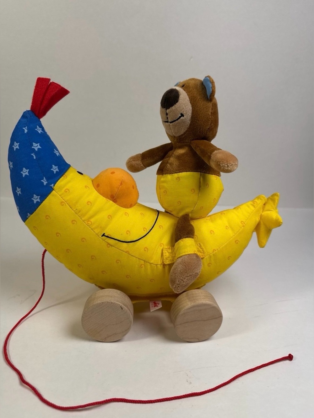 Vintage Sevi bear‎ on moon pull toy plush with wooden wheels
